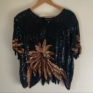 Vintage Royal Feelings Black & Gold Sequin blouse Size L